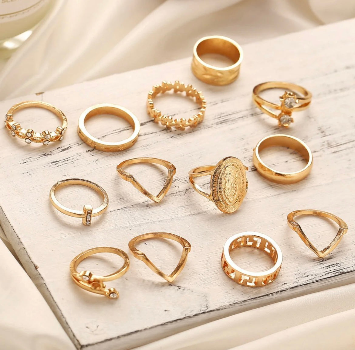 13 Piece Medallion Ring Set With Austrian Crystals 18K Gold Plated Ring ITALY Design