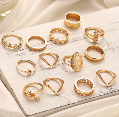 13 Piece Medallion Ring Set With Austrian Crystals 18K Gold Plated Ring ITALY Design