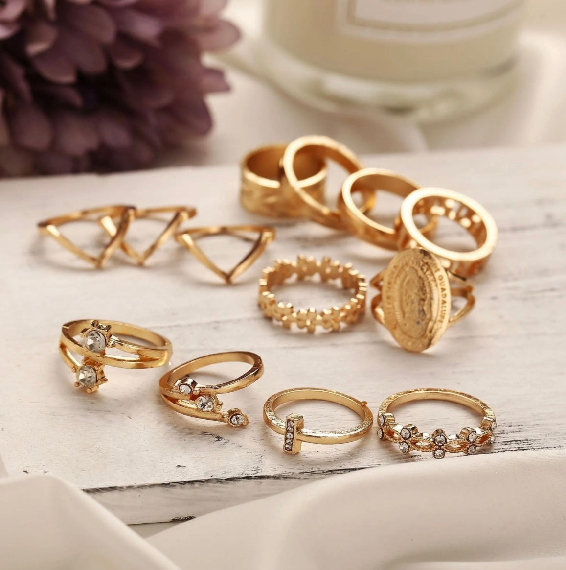 13 Piece Medallion Ring Set With Austrian Crystals 18K Gold Plated Ring ITALY Design